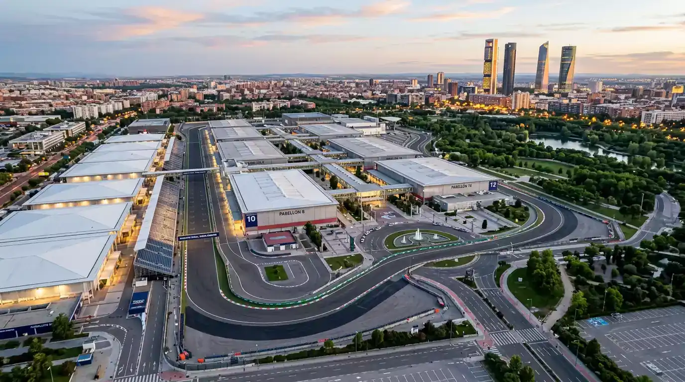Vista aérea del recinto ferial de IFEMA Madrid con el trazado urbano del nuevo circuito Madring al atardecer
