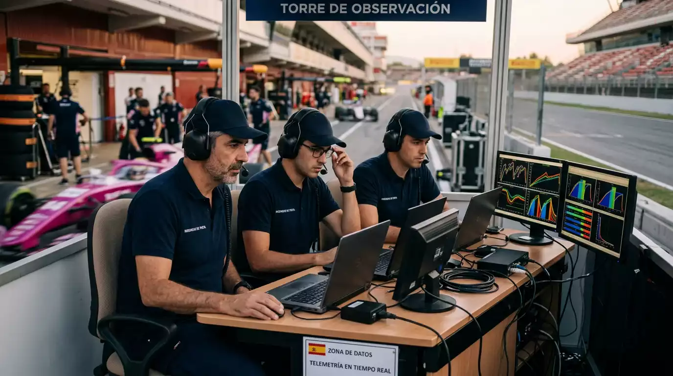 Pit wall de un equipo de Fórmula 1 con ingenieros analizando pantallas de estrategia durante un Gran Premio