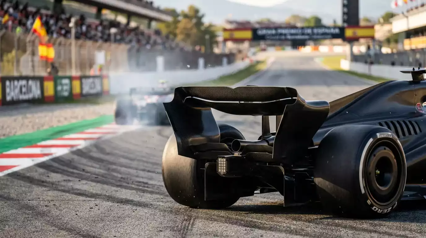 Detalle técnico del alerón trasero de un monoplaza F1 2026 con aerodinámica activa en modo recta sobre un circuito